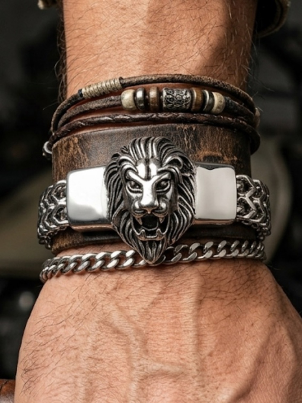 Men's Heavy Silver Stainless Steel Lion Head Bracelet